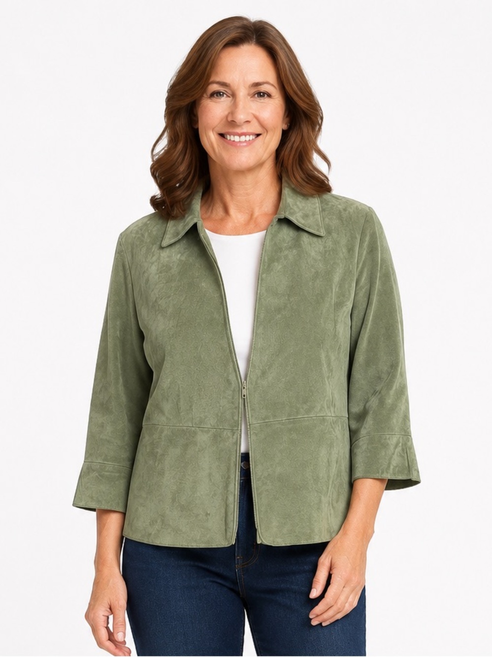 Coldwater Creek Suede Leather Jacket Womens Large Sage Green Zip 3/4 Sleeve
